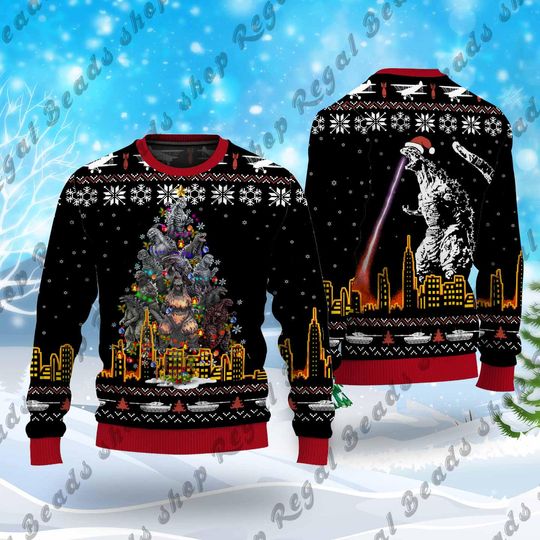god zilla Christmas Ugly Sweater, Christmas Tree From All Godzillas Sweater, Ugly Sweater 2024, Christmas Ugly Sweater