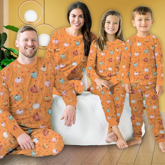 Fall Pumpkin Pajamas Set, Retro Floral Cozy Season Long Sleeve Two Piece Pajama, Girly Fall Lover Pajamas, Autumn Vibes Loungewear Gift