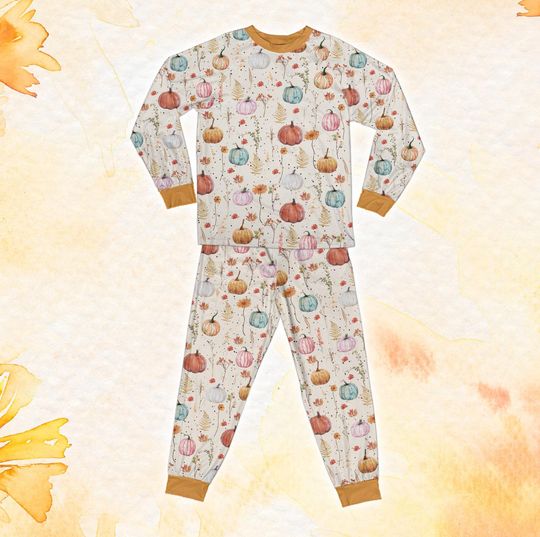Fall Pumpkin Pajamas Set, Retro Floral Cozy Season Long Sleeve Two Piece Pajama, Girly Fall Lover Pajamas, Autumn Vibes Loungewear Gift