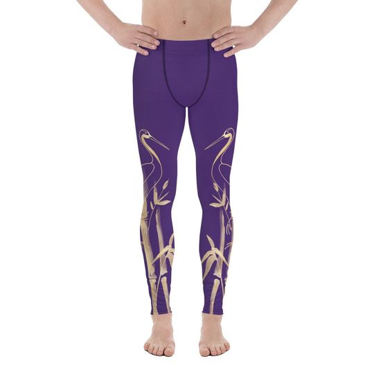 Men's Leggings  Gold Grane, Gold Bamboo Leaf, Purple background
