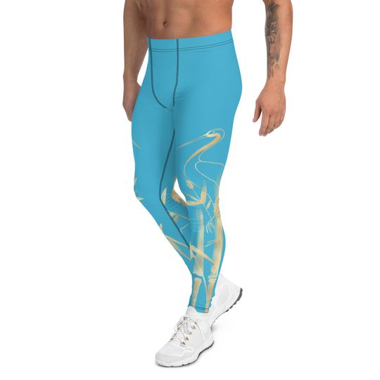 Men's Leggings  Gold Grane, Gold Bamboo Leaf, Summer Sky Blue background