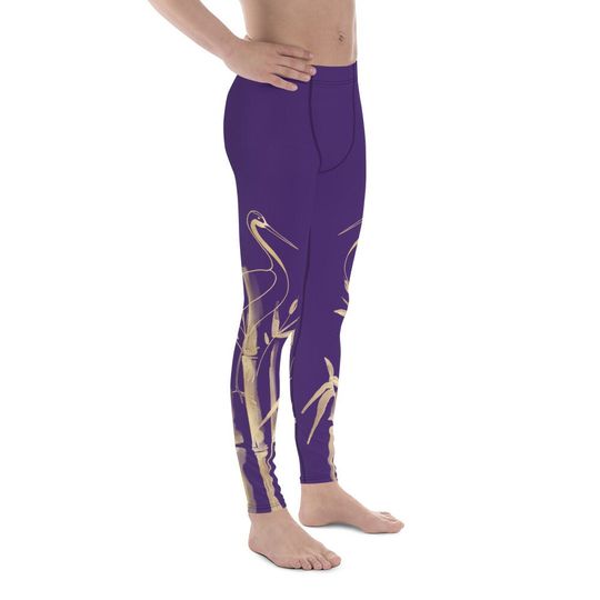 Men's Leggings  Gold Grane, Gold Bamboo Leaf, Purple background