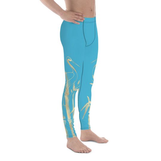 Men's Leggings  Gold Grane, Gold Bamboo Leaf, Summer Sky Blue background