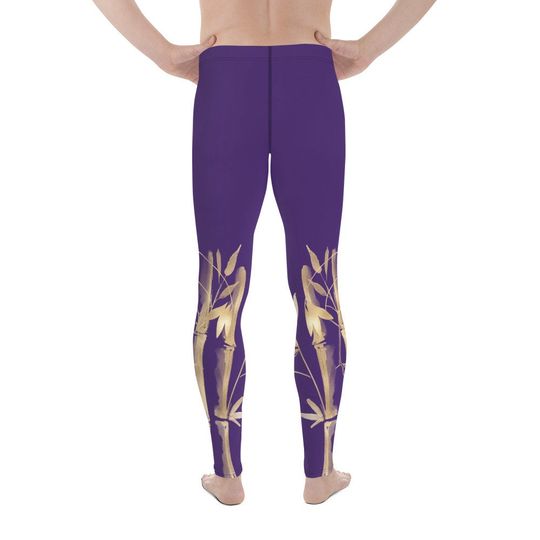 Men's Leggings  Gold Grane, Gold Bamboo Leaf, Purple background