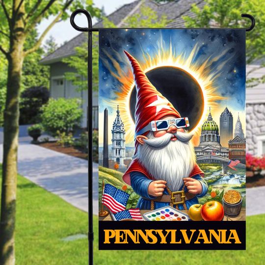 Pennsylvania Total Solar Eclipse 2024 Gnome Garden Flag, 2024 solar eclipse, Outdoor Spring Garden Flag
