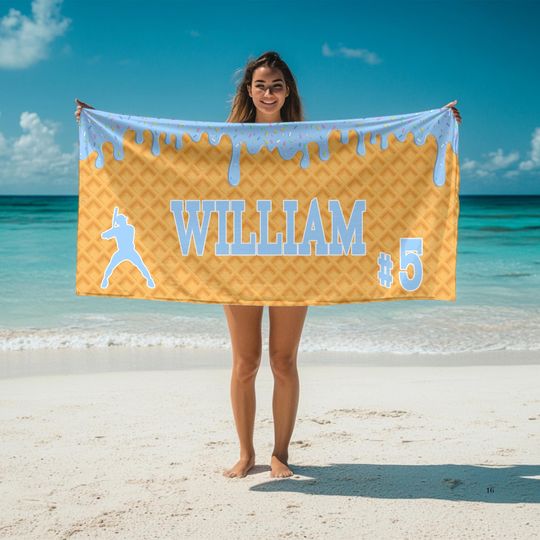 Ships Next Day Personalized Ice Cream Drip Baseball Beach Towel For Boys, Drip Beach Towel, Pool Towel, Team Gift, Youth Baseball Gift