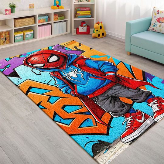 Spiderman Rug: 3D Print Kids Room Decor, Non-Slip Cotton Blend