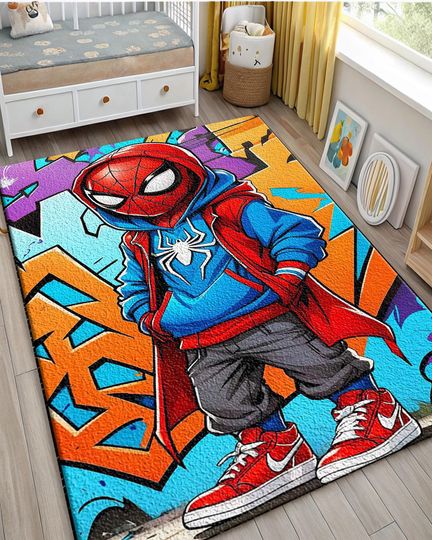 Spiderman Rug: 3D Print Kids Room Decor, Non-Slip Cotton Blend