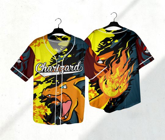Charizard Baseball Jersey Shirt Charizard Fire Japanese Anime Jersey Shirt Gift