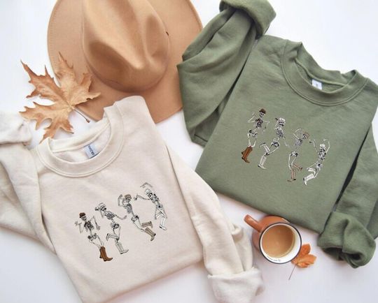Cowboy Skeletons Embroidered Sweatshirt, Dancing Skeleton Sweater