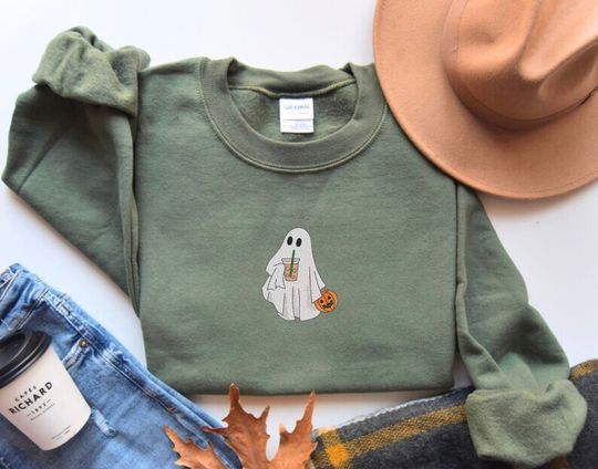 Ghost with Coffee Embroidered Sweatshirt, Halloween Embroidered Sweatshirt