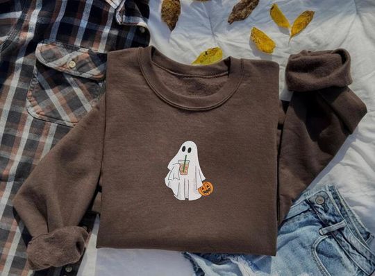 Ghost with Coffee Embroidered Sweatshirt, Halloween Embroidered Sweatshirt