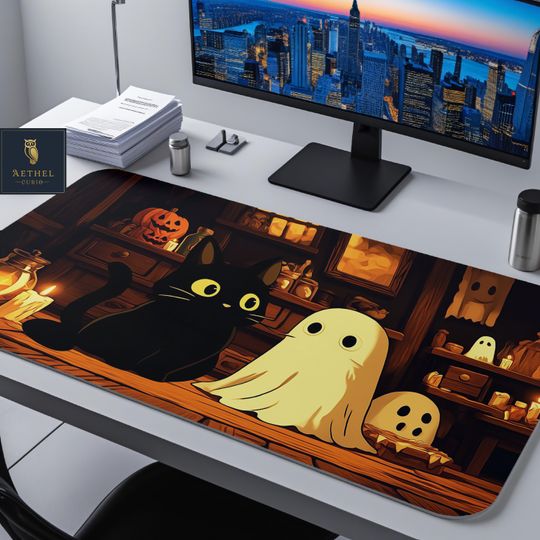 Cute Cat and Ghost Desk Mat- Halloween RGB Desk Mat