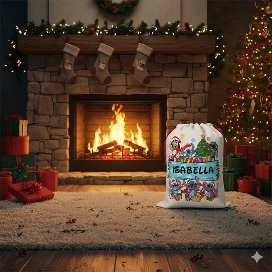 Custom Stitch Christmas Santa Sack, Personalized Kids Gift Bag