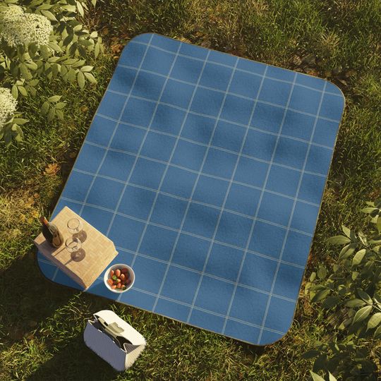 Blue & Gray Windowpane Picnic Mat, Classic Preppy Park Beach Camping Throw, Gift