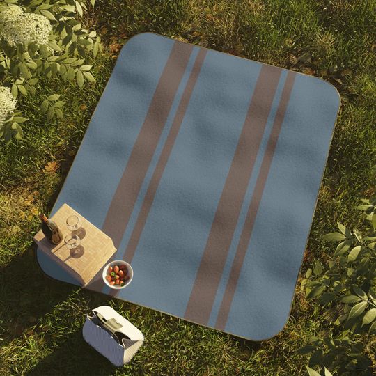 Slate Blue & Plum Striped Picnic Mat, Timeless Coastal Preppy Park, Beach, Camping, Gift