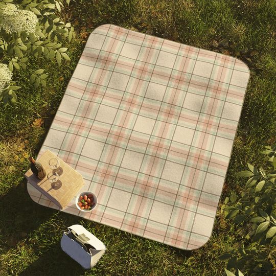 Cream, Apricot, Pistachio & Cocoa Plaid Picnic Mat, Classic Preppy Park Beach Camping Throw, Gift