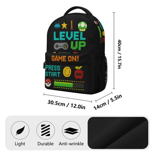 Level Up Gamer Backpack  Pixel Art School Bag  | Video Game Backpack for Kids