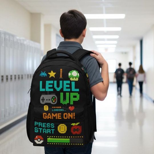 Level Up Gamer Backpack  Pixel Art School Bag  | Video Game Backpack for Kids