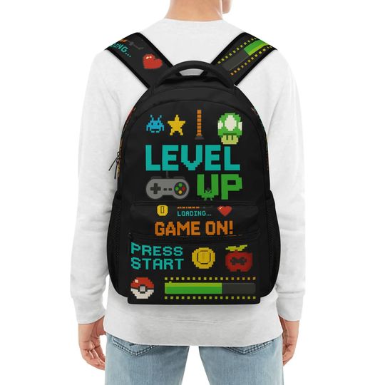 Level Up Gamer Backpack  Pixel Art School Bag  | Video Game Backpack for Kids