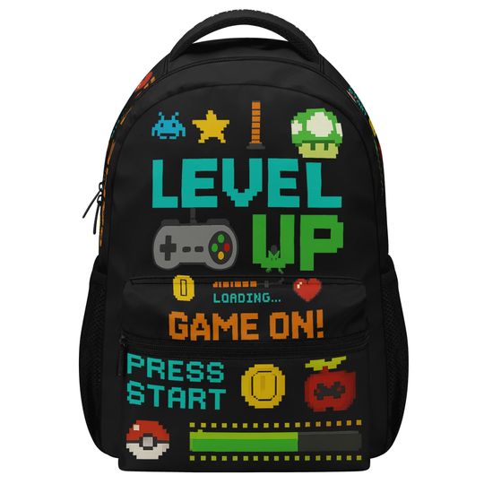 Level Up Gamer Backpack  Pixel Art School Bag  | Video Game Backpack for Kids