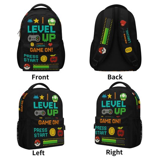 Level Up Gamer Backpack  Pixel Art School Bag  | Video Game Backpack for Kids