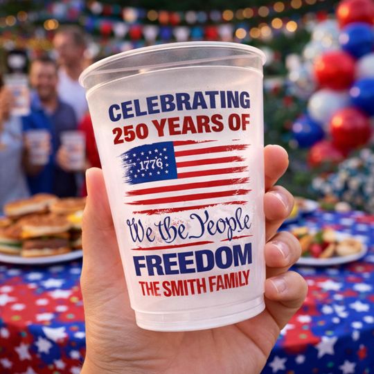 Personalized America 250th Anniversary Gifts, Custom Plastic Cups, USA Semiquincentennial Party Favors, Together We Celebrate Cups