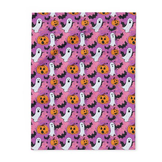 Pink Halloween Cozy Snuggle Fleece Blanket: Ghost, Pumpkin, Vampire Black Bat Design