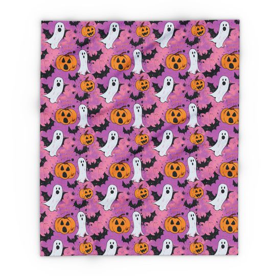 Pink Halloween Cozy Snuggle Fleece Blanket: Ghost, Pumpkin, Vampire Black Bat Design