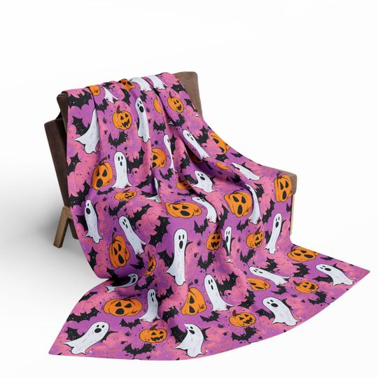 Pink Halloween Cozy Snuggle Fleece Blanket: Ghost, Pumpkin, Vampire Black Bat Design