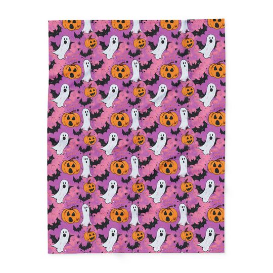 Pink Halloween Cozy Snuggle Fleece Blanket: Ghost, Pumpkin, Vampire Black Bat Design