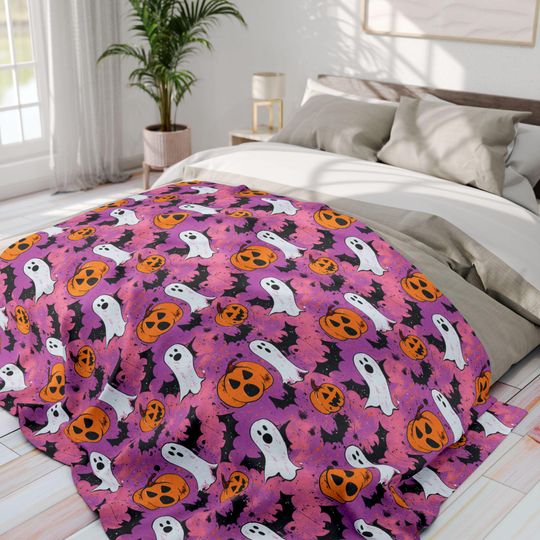 Pink Halloween Cozy Snuggle Fleece Blanket: Ghost, Pumpkin, Vampire Black Bat Design