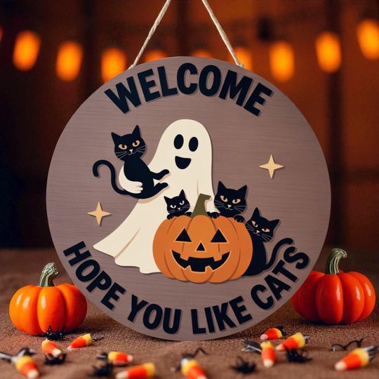 Halloween Welcome Sign: Ghost Cat Door Hanger, Cat Lover Decor