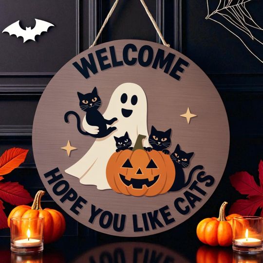 Halloween Welcome Sign: Ghost Cat Door Hanger, Cat Lover Decor