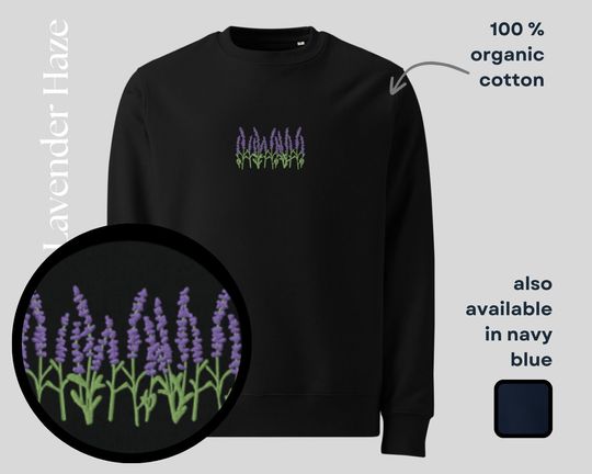Lavender Organic Embroidered Sweatshirt Minimal Plant Design