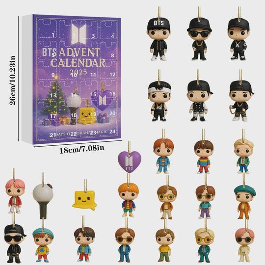 BTS Advent Calendar 2025  24-Day BTS Collector Ornaments, Chibi-Style Mini Figures, Holiday Countdown Gift for ARMY Fans and Collectors