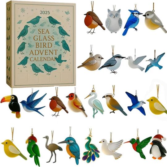 Sea Glass Bird Advent Calendar 2025, 24 Days of Birds Themed Christmas Countdown, Coastal Themed Ornaments, Gift for Bird Lovers & Families