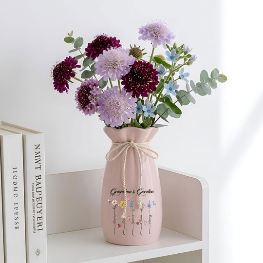 Personalized Ceramic Flower Vase with Birth Month Flower and Name, Mother's Day Gift for Mom and Grandma