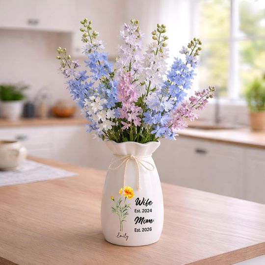 Personalized Ceramic Flower Vase with Birth Month Flower and Name for Mother's Day or Gift