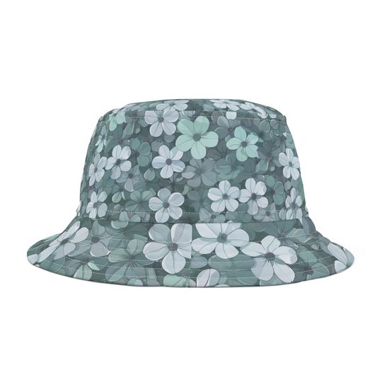 Blue Pastel Flower Bucket Hat, Summer AOP Polyester Cap
