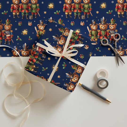 Nutcracker Bear Christmas Wrapping Paper Set of 3 Sheets Navy Blue Holiday Gift Wrap