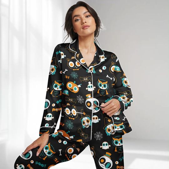 Halloween Owl Bat Pajamas Set, Pumpkin Ghost Women Pajamas, Spooky Spider Web Holiday Pjs, Halloween Sleepwear, Gift For Her