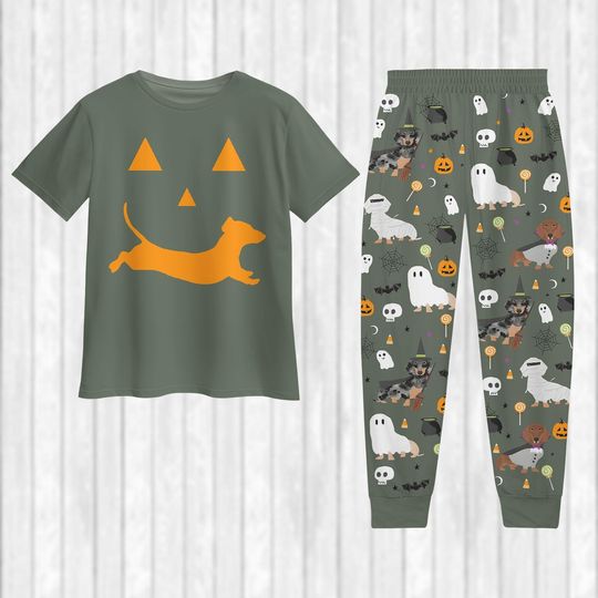Halloween Dachshund Dogs Pajamas Set, Dachshund Witch And Pumpkin Holiday Pajamas, Trick Or Treat Vibes Tshirt, Gift For Dog Lover