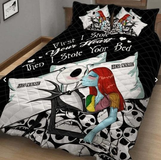 Nightmare Before Christmas Jack and Sally Bedding Set, Halloween Gothic Quilt Bed Cover
