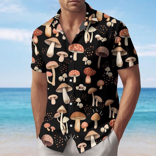 Mushroom Button Shirt, Forest Hawaiian Shirt, Tropical Mushroom Aloha Tee, Nature Lover Vacation Shirt, Cottagecore Beach Shirt