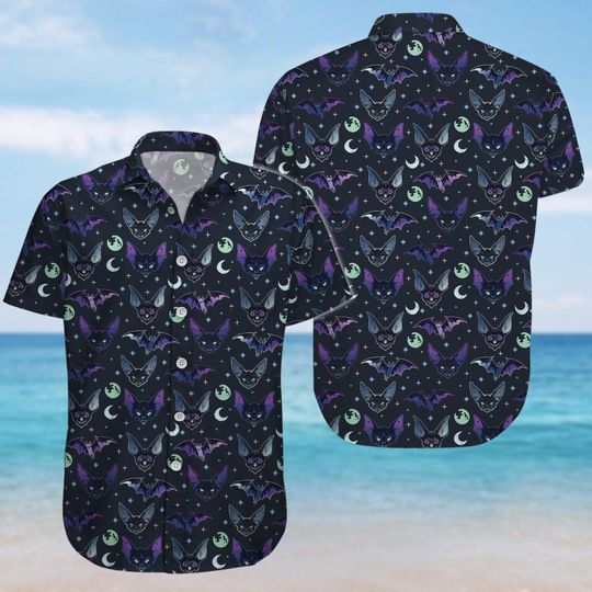 Creepy Bat Button Shirt, Goth Hawaiian Shirt, Sun Moon Shirt, Dark Art Shirt For Men, Holiday Vacation Beach Shirt, Gift For Him