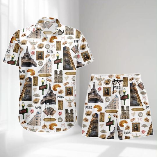 France Travel Hawaiian Shirt, Croissant Coffee Paris Button Shirt, Travel Shirt Vacation Shirt, Shorts Men, Retro French Love Tee Gift