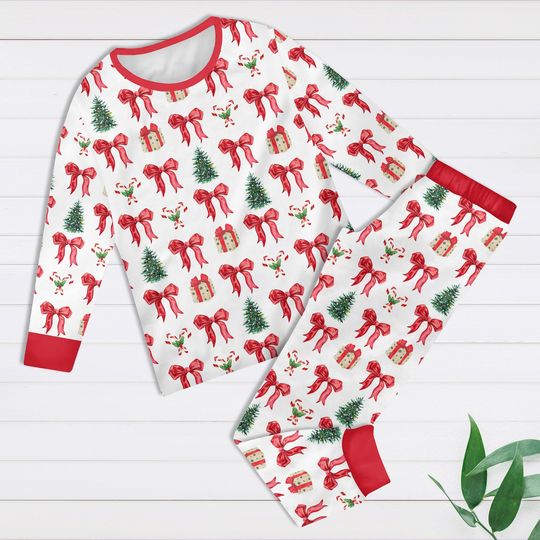 Christmas 2025 Family Pajamas Set, Red Bow Matching Costume PJs for Christmas Party, Santa Pine Tree Shirt, Fun Xmas Pattern Loungewear