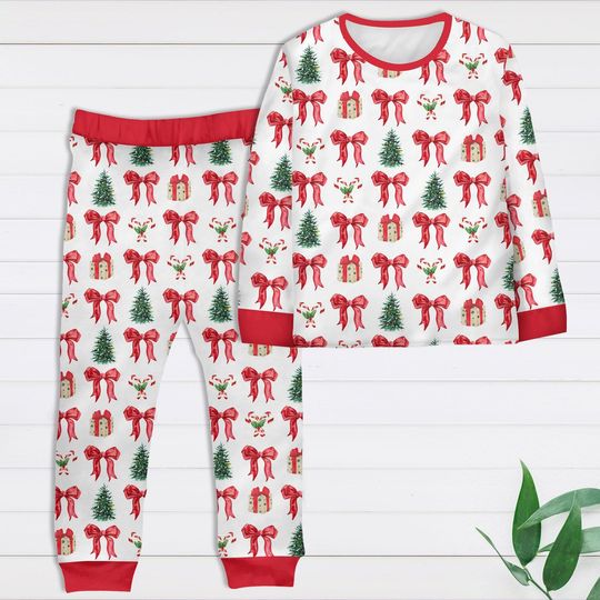 Christmas 2025 Family Pajamas Set, Red Bow Matching Costume PJs for Christmas Party, Santa Pine Tree Shirt, Fun Xmas Pattern Loungewear