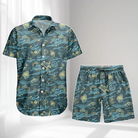 Ocean Marine Life Hawaiian Shirt, Sea Turtle Jellyfish Button Shirt, Vacation Shirt, Shorts Men, Coastal Beach Shirt, Holiday Outfits